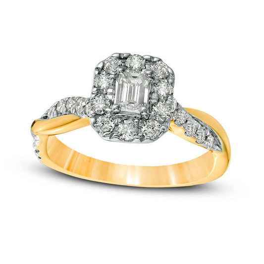 0.88 CT. T.W. Emerald-Cut Natural Diamond Frame Twist Shank Engagement Ring in Solid 10K Yellow Gold