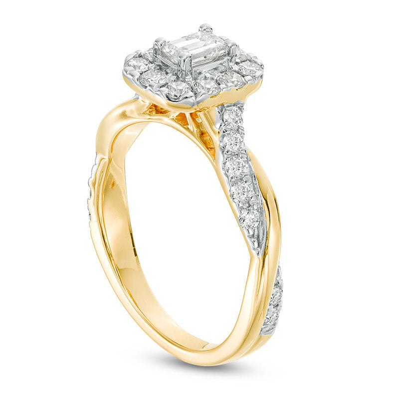 0.88 CT. T.W. Emerald-Cut Natural Diamond Frame Twist Shank Engagement Ring in Solid 10K Yellow Gold