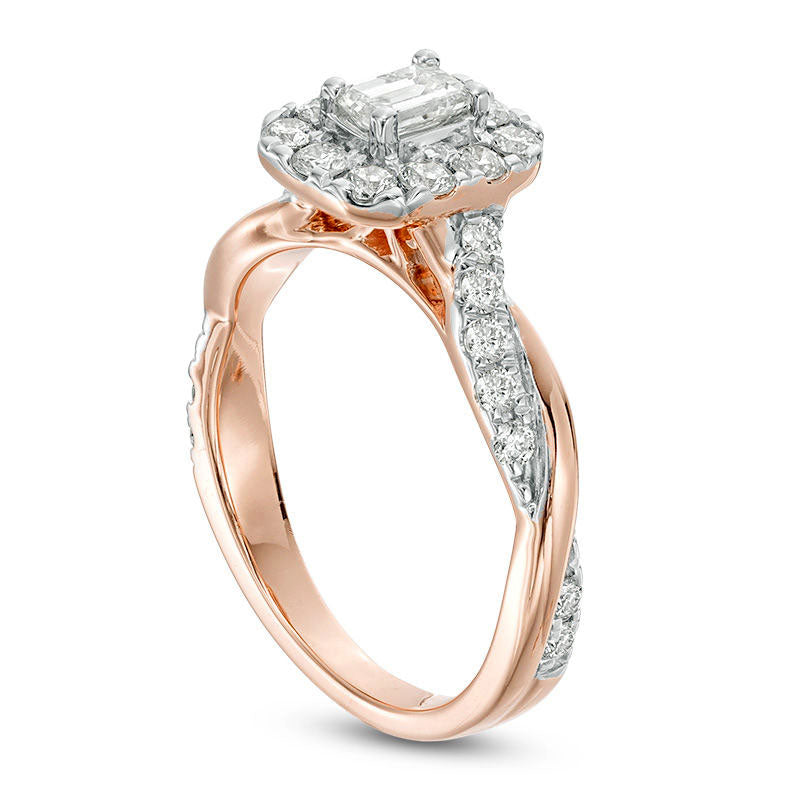 0.88 CT. T.W. Emerald-Cut Natural Diamond Frame Twist Shank Engagement Ring in Solid 10K Rose Gold