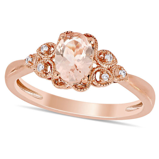 Oval Morganite and Natural Diamond Accent Tri-Sides Antique Vintage-Style Ring in Solid 10K Rose Gold