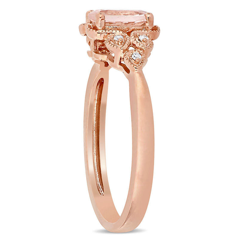 Oval Morganite and Natural Diamond Accent Tri-Sides Antique Vintage-Style Ring in Solid 10K Rose Gold