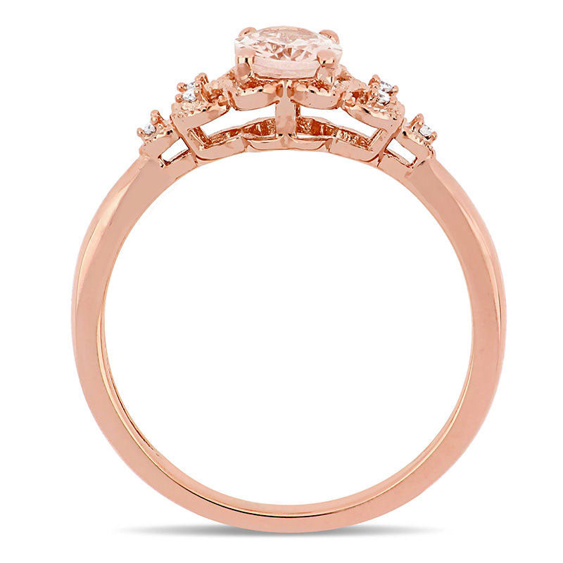 Oval Morganite and Natural Diamond Accent Tri-Sides Antique Vintage-Style Ring in Solid 10K Rose Gold