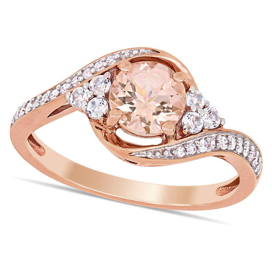 6.0mm Morganite, White Topaz and 0.10 CT. T.W. Natural Diamond Tri-Sides Bypass Ring in Solid 10K Rose Gold