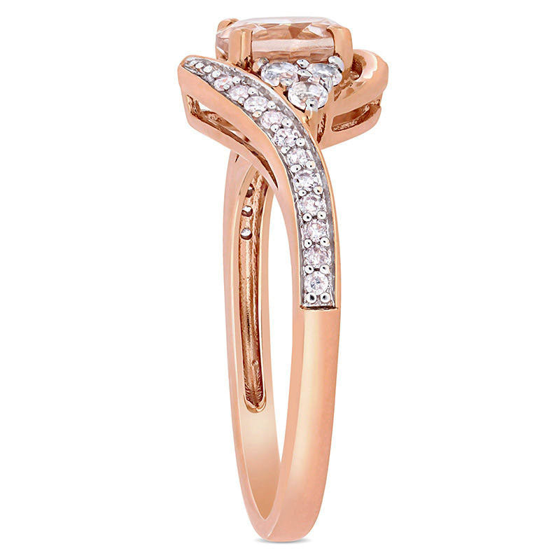 6.0mm Morganite, White Topaz and 0.10 CT. T.W. Natural Diamond Tri-Sides Bypass Ring in Solid 10K Rose Gold