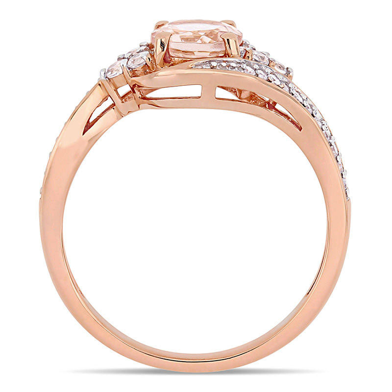 6.0mm Morganite, White Topaz and 0.10 CT. T.W. Natural Diamond Tri-Sides Bypass Ring in Solid 10K Rose Gold