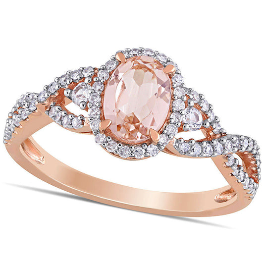 Oval Morganite, White Sapphire and 0.33 CT. T.W. Natural Diamond Frame Side Accent Twist Shank Ring in Solid 10K Rose Gold