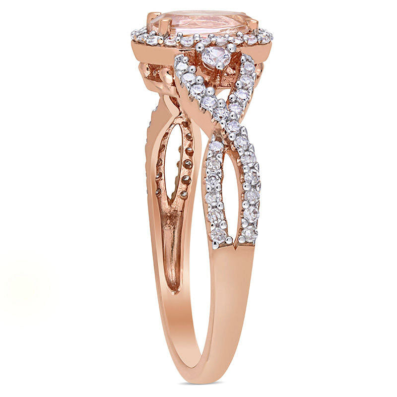 Oval Morganite, White Sapphire and 0.33 CT. T.W. Natural Diamond Frame Side Accent Twist Shank Ring in Solid 10K Rose Gold