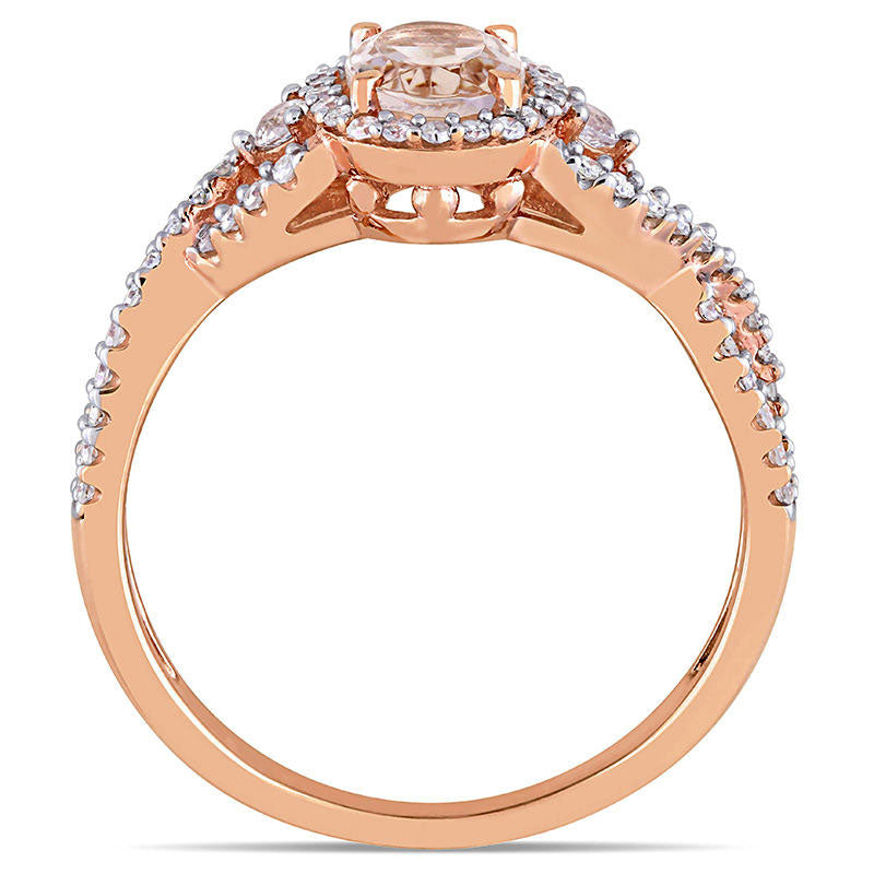 Oval Morganite, White Sapphire and 0.33 CT. T.W. Natural Diamond Frame Side Accent Twist Shank Ring in Solid 10K Rose Gold