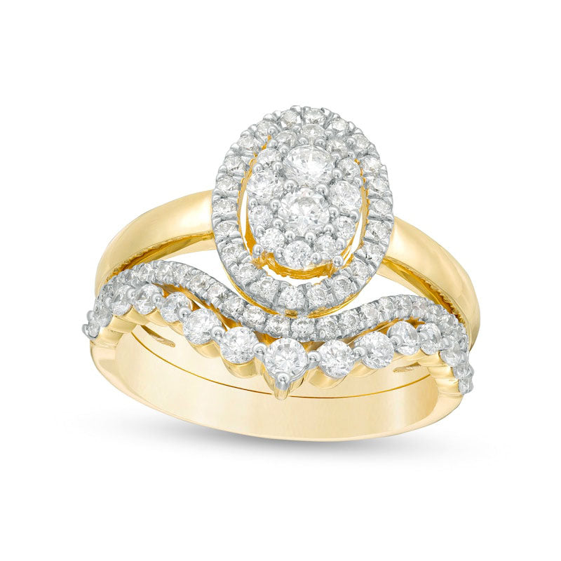 1.0 CT. T.W. Composite Natural Diamond Oval Frame Bridal Engagement Ring Set in Solid 10K Yellow Gold