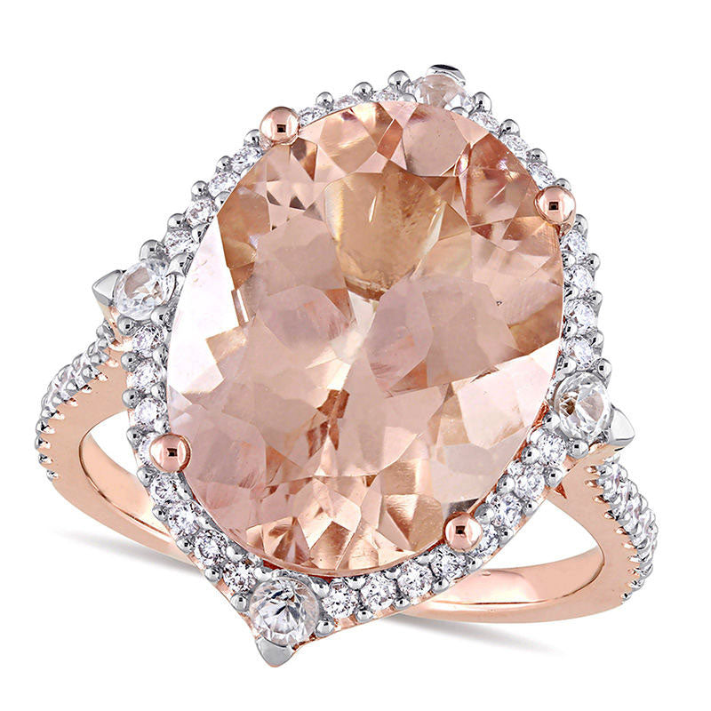 Oval Morganite, White Sapphire and 0.38 CT. T.W. Natural Diamond Ornate Frame Ring in Solid 14K Rose Gold