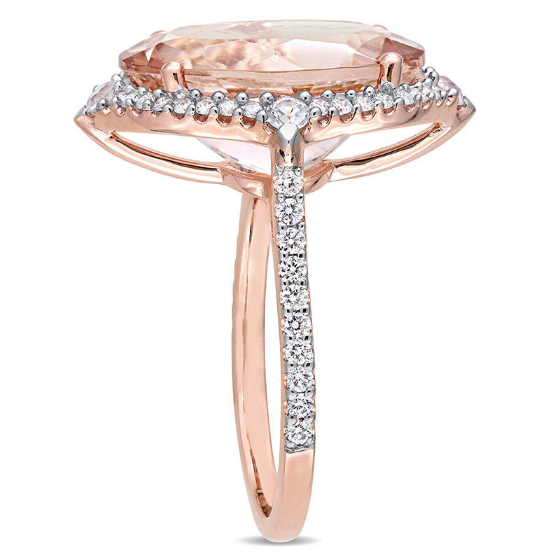 Oval Morganite, White Sapphire and 0.38 CT. T.W. Natural Diamond Ornate Frame Ring in Solid 14K Rose Gold