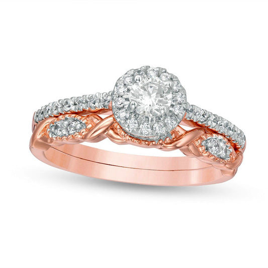 0.63 CT. T.W. Natural Diamond Frame Twist Shank Bridal Engagement Ring Set in Solid 10K Rose Gold