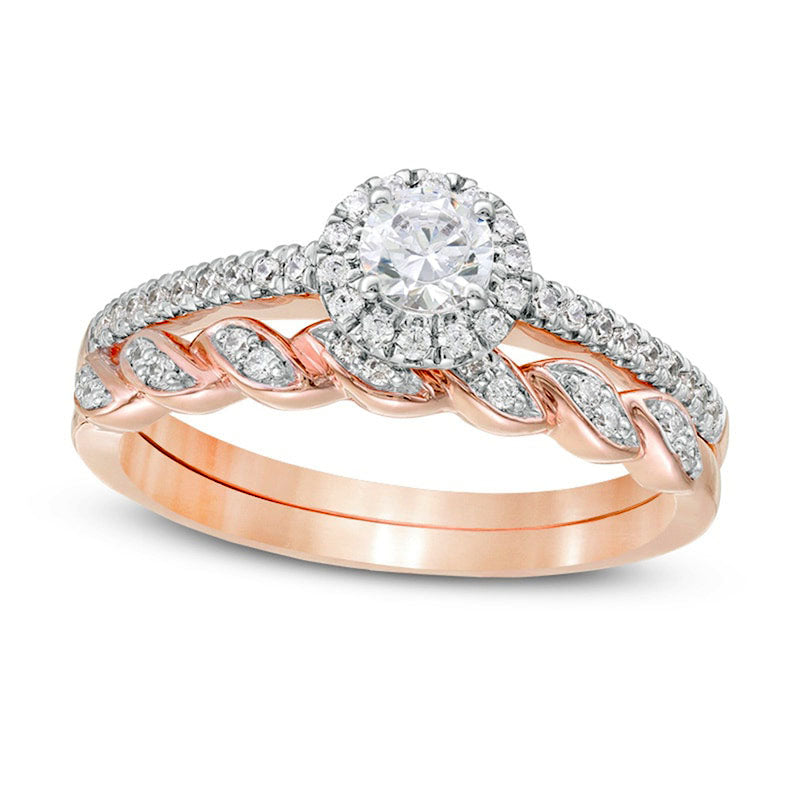 0.50 CT. T.W. Natural Diamond Frame Twist Shank Bridal Engagement Ring Set in Solid 10K Rose Gold