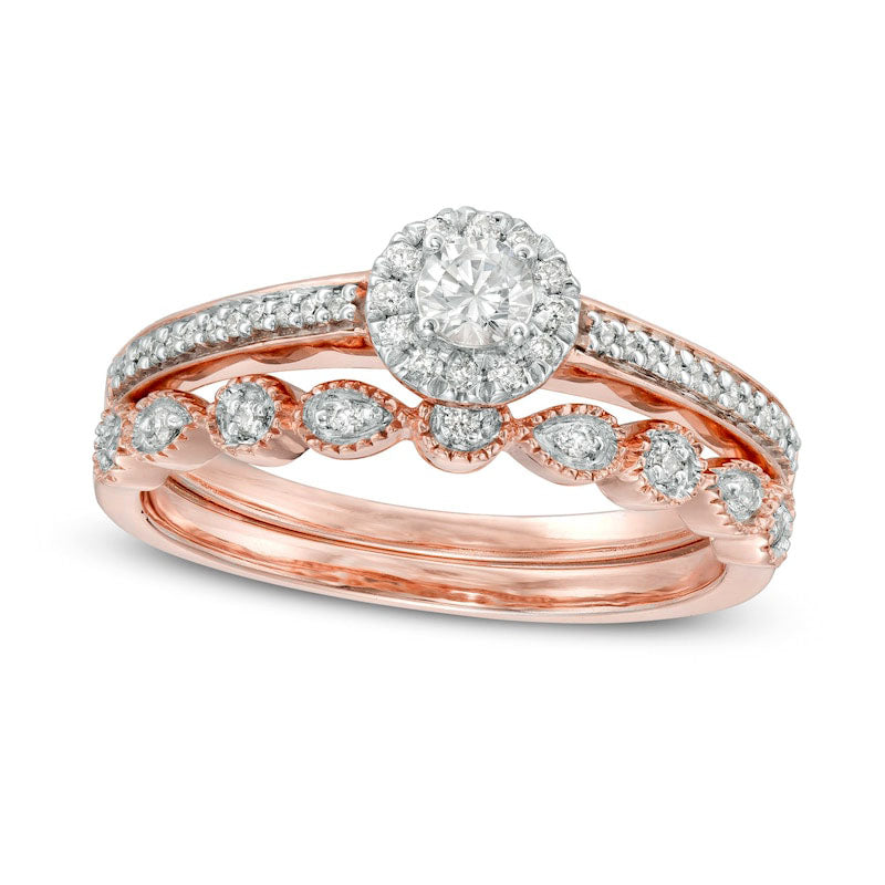 0.33 CT. T.W. Natural Diamond Frame Art Deco Bridal Engagement Ring Set in Solid 10K Rose Gold