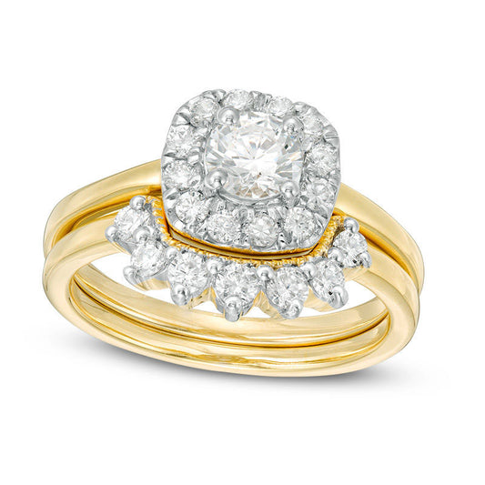 1.0 CT. T.W. Natural Diamond Cushion Frame Sunburst Antique Vintage-Style Bridal Engagement Ring Set in Solid 10K Yellow Gold