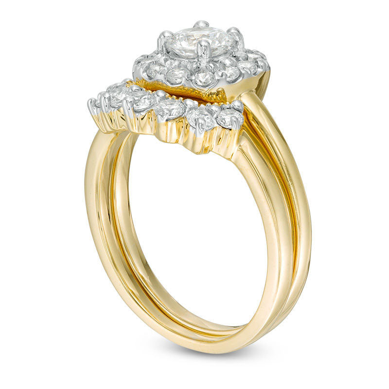 1.0 CT. T.W. Natural Diamond Cushion Frame Sunburst Antique Vintage-Style Bridal Engagement Ring Set in Solid 10K Yellow Gold