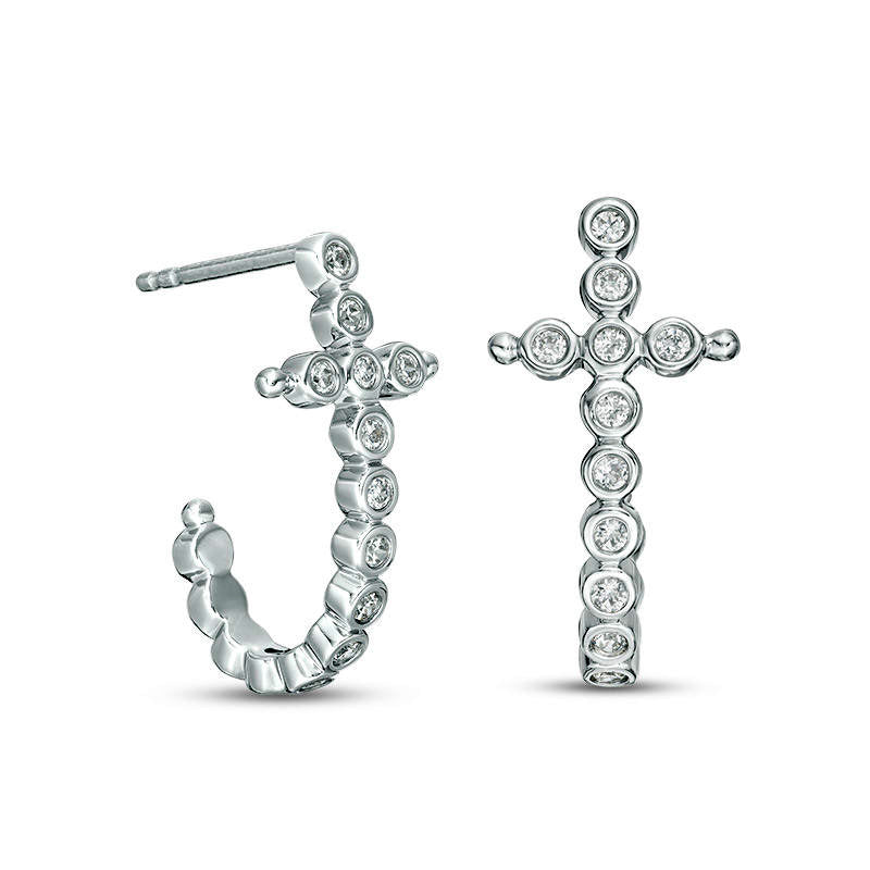 0.25 CT. T.W. Diamond Bezel-Set Cross J-Hoop Earrings in Sterling Silver