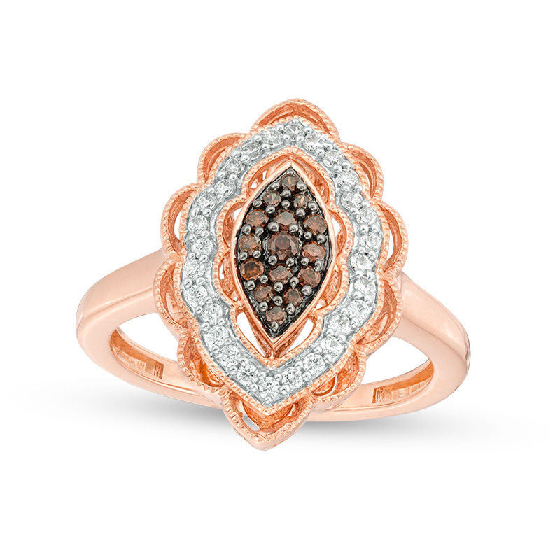 0.33 CT. T.W. Composite Champagne and White Natural Diamond Marquise Scalloped Frame Ring in Solid 10K Rose Gold