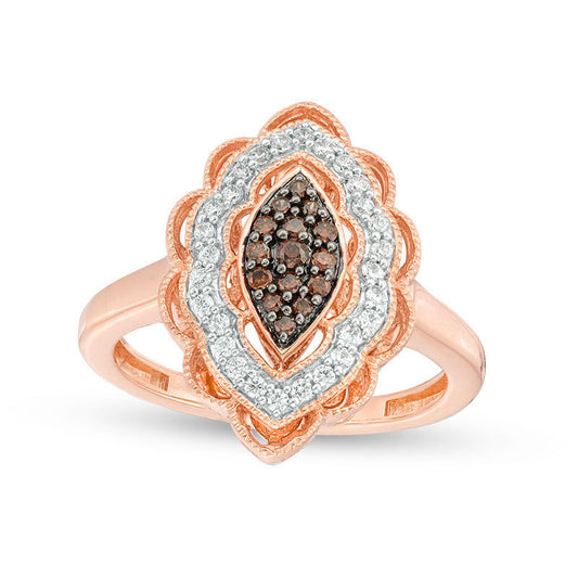 0.33 CT. T.W. Composite Champagne and White Natural Diamond Marquise Scalloped Frame Ring in Solid 10K Rose Gold