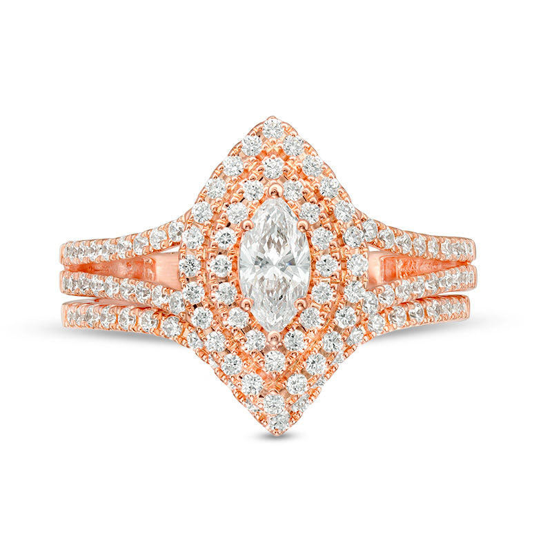 1.0 CT. T.W. Certified Marquise Natural Diamond Double Frame Bridal Engagement Ring Set in Solid 14K Rose Gold (I/I1)