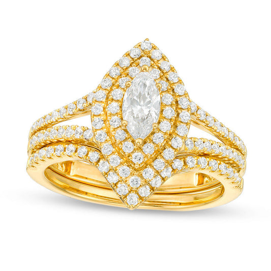 1.0 CT. T.W. Certified Marquise Natural Diamond Double Frame Bridal Engagement Ring Set in Solid 14K Gold (I/I1)