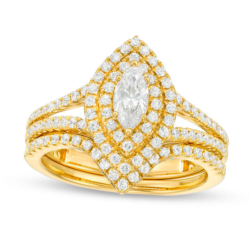 1.0 CT. T.W. Certified Marquise Natural Diamond Double Frame Bridal Engagement Ring Set in Solid 14K Gold (I/I1)