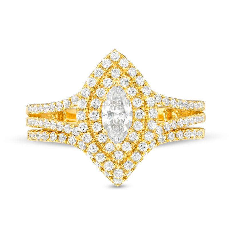 1.0 CT. T.W. Certified Marquise Natural Diamond Double Frame Bridal Engagement Ring Set in Solid 14K Gold (I/I1)