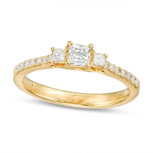 0.50 CT. T.W. Certified Princess-Cut Natural Diamond Three Stone Engagement Ring in Solid 14K Gold (I/I1)