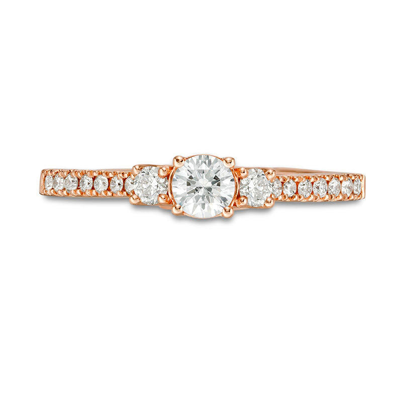 0.50 CT. T.W. Certified Natural Diamond Three Stone Engagement Ring in Solid 14K Rose Gold (I/I1)