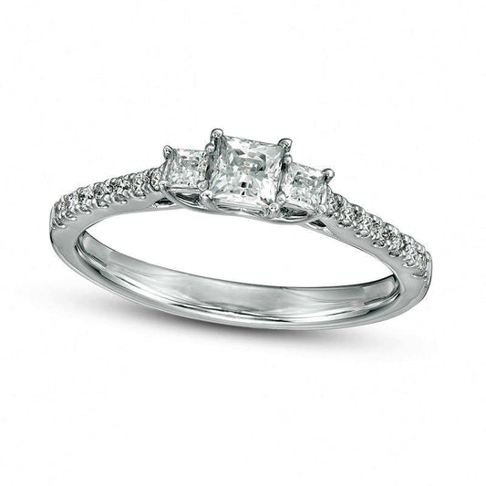 0.50 CT. T.W. Certified Princess-Cut Natural Diamond Three Stone Engagement Ring in Solid 14K White Gold (I/I1)