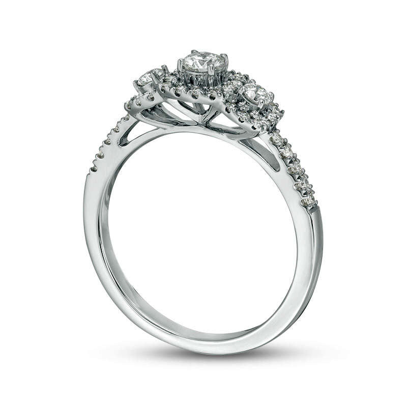 0.50 CT. T.W. Certified Natural Diamond Three Stone Cushion Frame Engagement Ring in Solid 14K White Gold (I/I1)