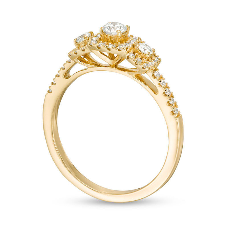 0.50 CT. T.W. Certified Natural Diamond Three Stone Cushion Frame Engagement Ring in Solid 14K Gold (I/I1)