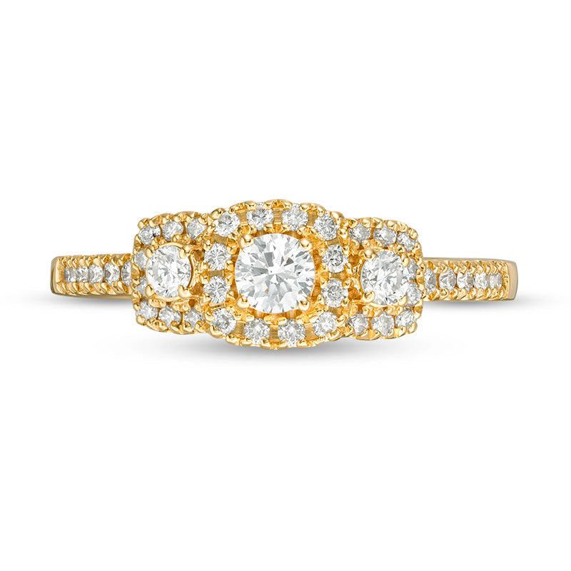 0.50 CT. T.W. Certified Natural Diamond Three Stone Cushion Frame Engagement Ring in Solid 14K Gold (I/I1)