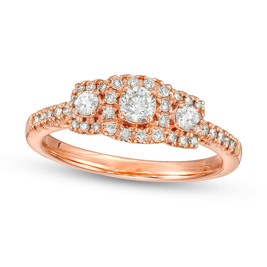 0.50 CT. T.W. Certified Natural Diamond Three Stone Cushion Frame Engagement Ring in Solid 14K Rose Gold (I/I1)