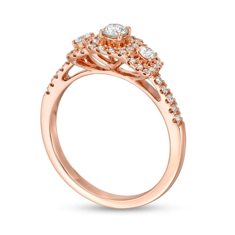 0.50 CT. T.W. Certified Natural Diamond Three Stone Cushion Frame Engagement Ring in Solid 14K Rose Gold (I/I1)