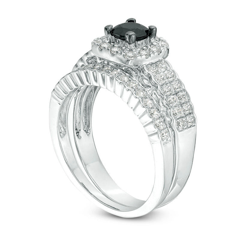 1.0 CT. T.W. Enhanced Black and White Natural Diamond Cushion Frame Bridal Engagement Ring Set in Solid 10K White Gold