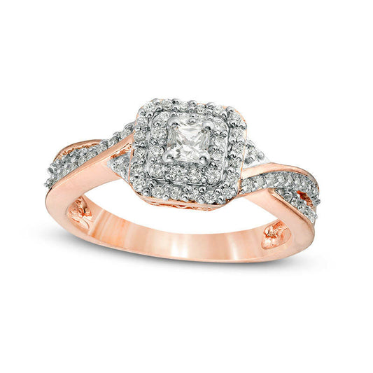 0.50 CT. T.W. Princess-Cut Natural Diamond Double Cushion Frame Twist Split Shank Engagement Ring in Solid 10K Rose Gold