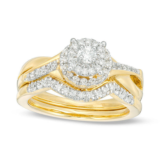 0.50 CT. T.W. Natural Diamond Double Frame Twist Bridal Engagement Ring Set in Solid 10K Yellow Gold