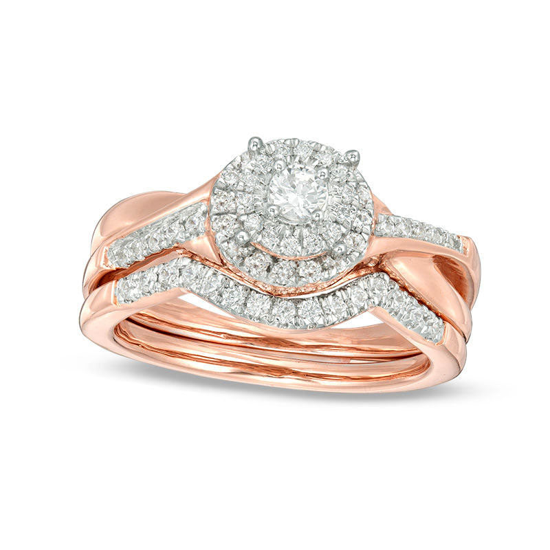 0.50 CT. T.W. Natural Diamond Double Frame Twist Bridal Engagement Ring Set in Solid 10K Rose Gold