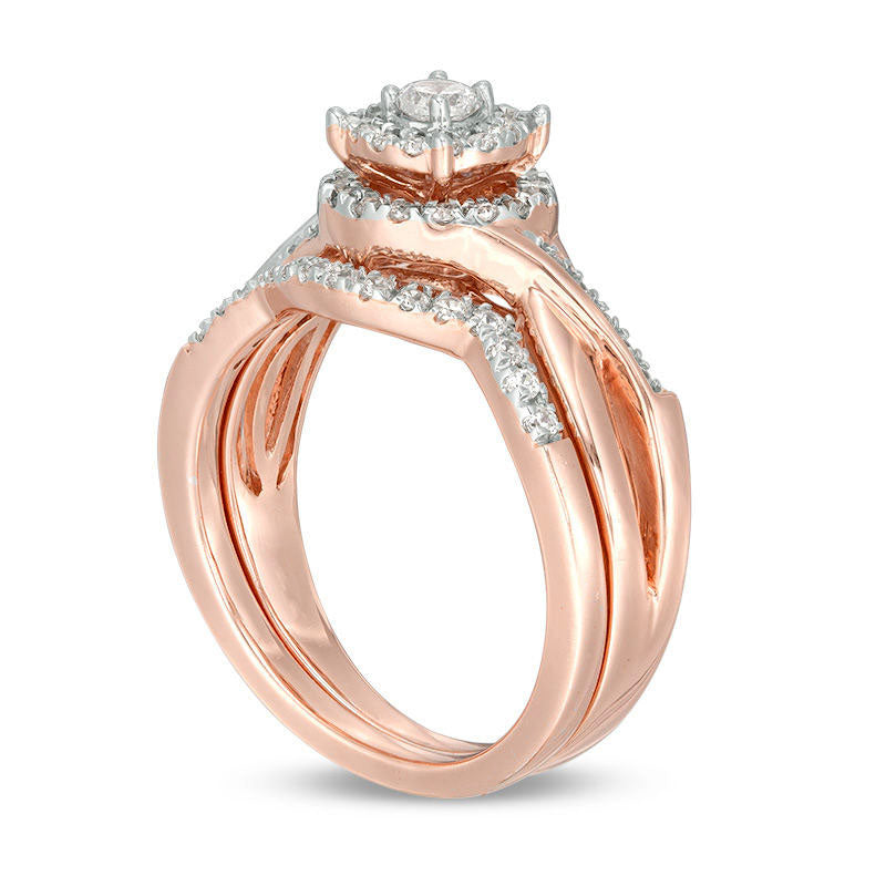 0.50 CT. T.W. Natural Diamond Double Frame Twist Bridal Engagement Ring Set in Solid 10K Rose Gold