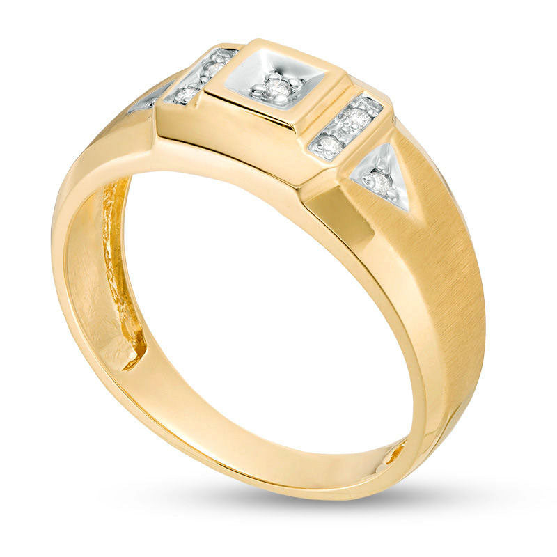 Men's 0.07 CT. T.W. Natural Diamond Geometric Frame Side Accent Beveled Ring in Solid 10K Yellow Gold