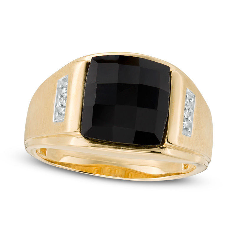 Men's Rectangle Faceted Onyx and Natural Diamond Accent Multi-Finish Ring in Solid 10K Yellow Gold