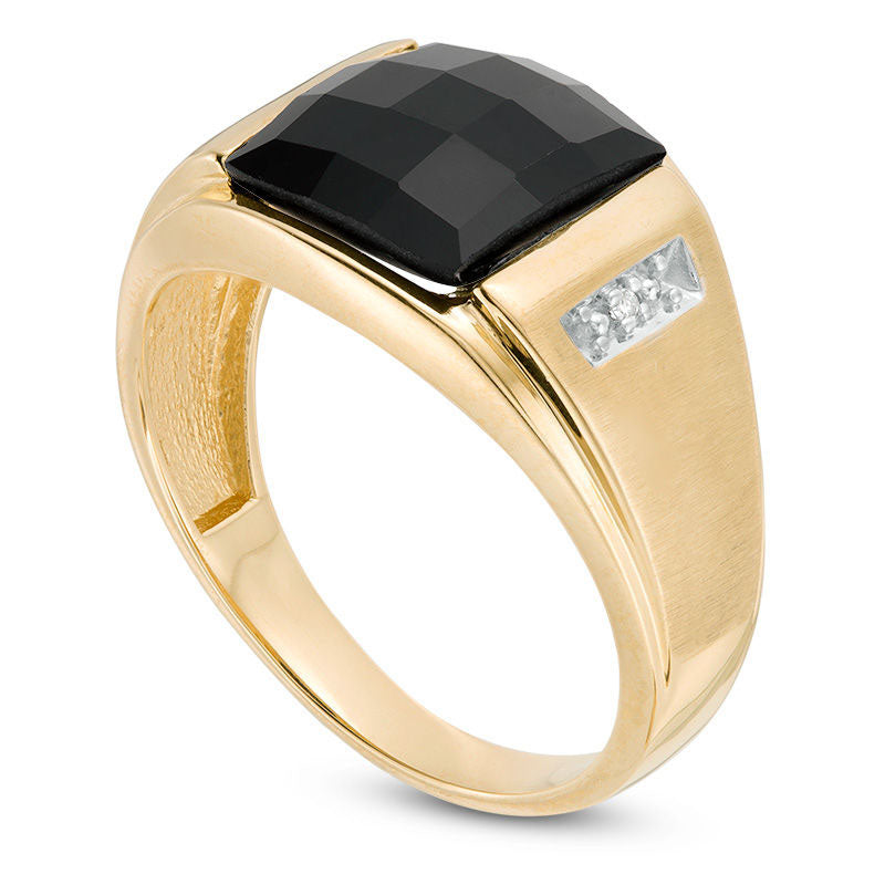 Men's Rectangle Faceted Onyx and Natural Diamond Accent Multi-Finish Ring in Solid 10K Yellow Gold