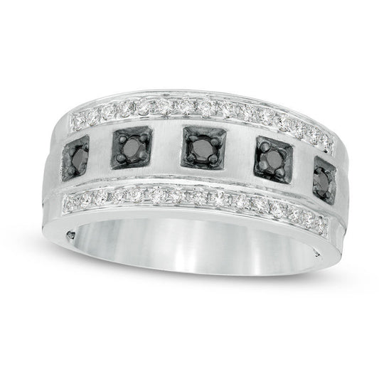 Men's 0.50 CT. T.W. Enhanced Black and White Natural Diamond Border Five Stone Multi-Finish Ring in Solid 10K White Gold