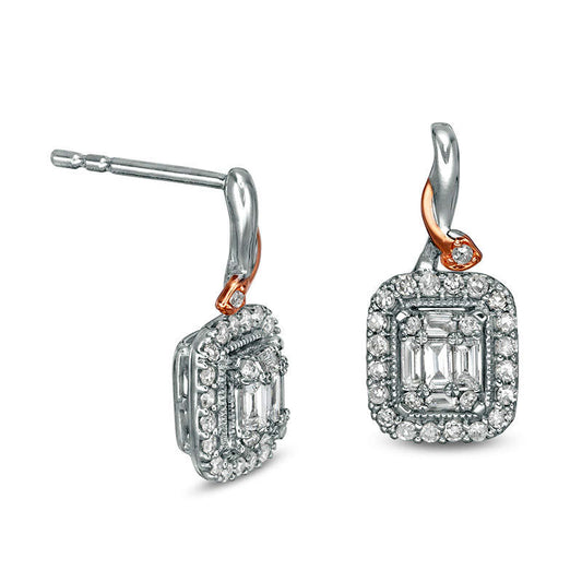 0.38 CT. T.W. Composite Diamond Rectangular Frame Heart Twist Drop Earrings in 10K Two-Tone Gold