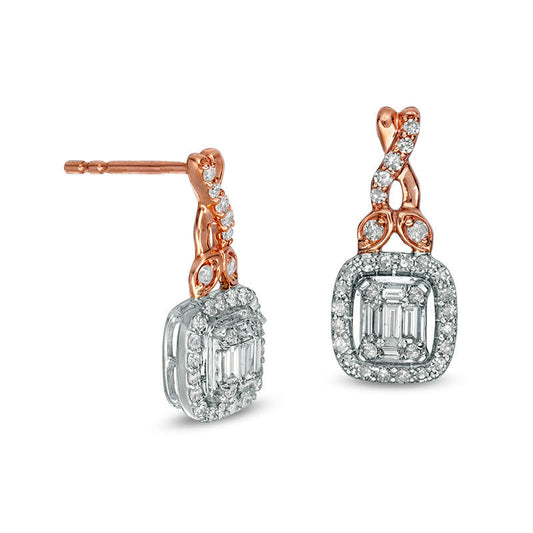 0.5 CT.T.W. Composite Diamond Cushion Frame Petal-Topped Twist Drop Earrings in 10K Two-Tone Gold