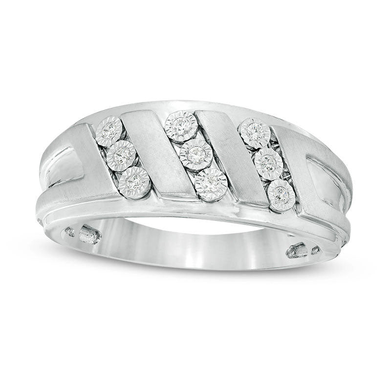 Men's 0.10 CT. T.W. Natural Diamond Triple Row Slant Multi-Finish Ring in Sterling Silver