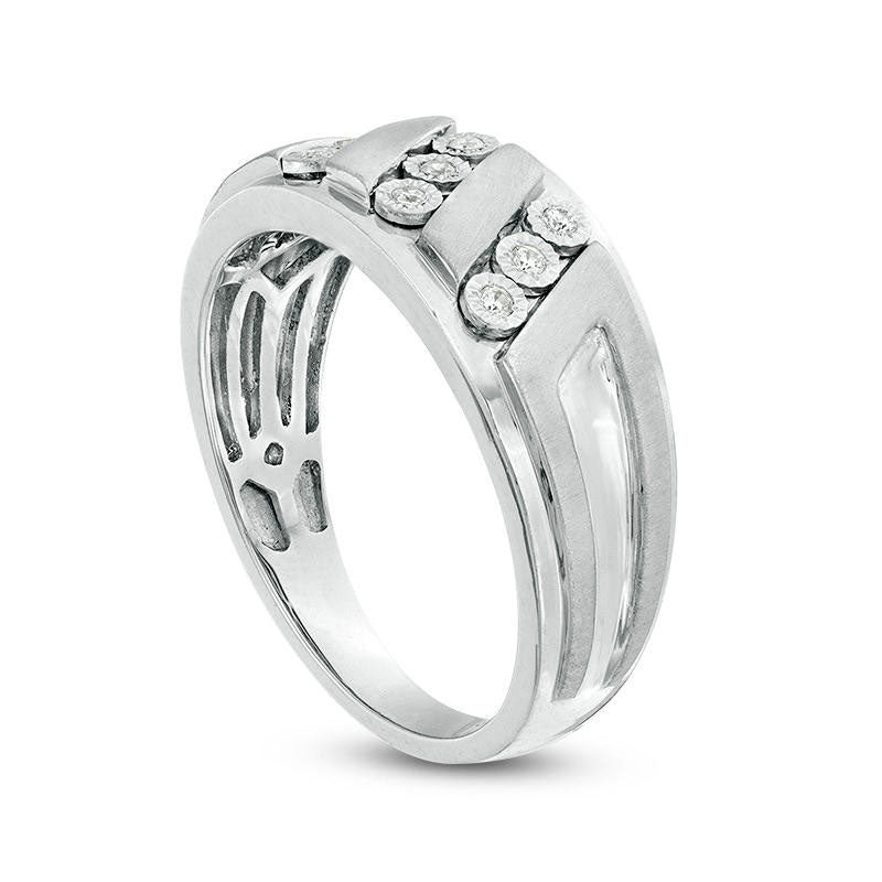 Men's 0.10 CT. T.W. Natural Diamond Triple Row Slant Multi-Finish Ring in Sterling Silver