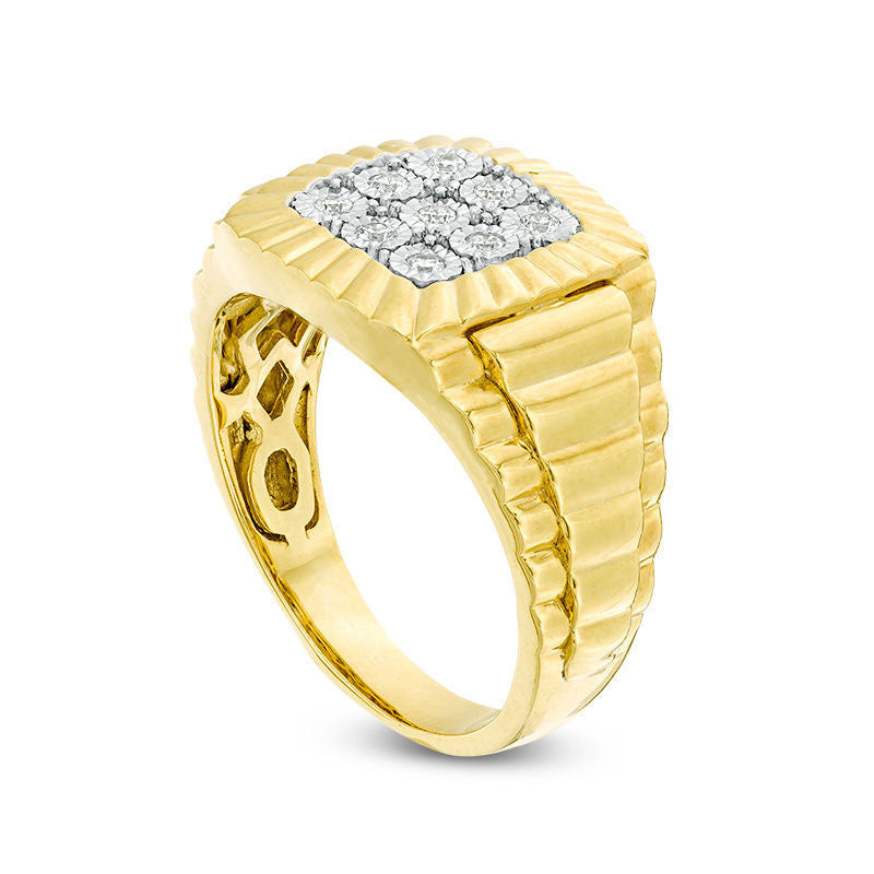 Men's 0.17 CT. T.W. Composite Natural Diamond Textured Cushion Frame Ribbed Ring in Sterling Silver with Solid 14K Gold Plate