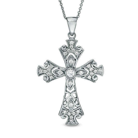 0.33 CT. T.W. Natural Diamond Ornate Cross Pendant in 14K White Gold